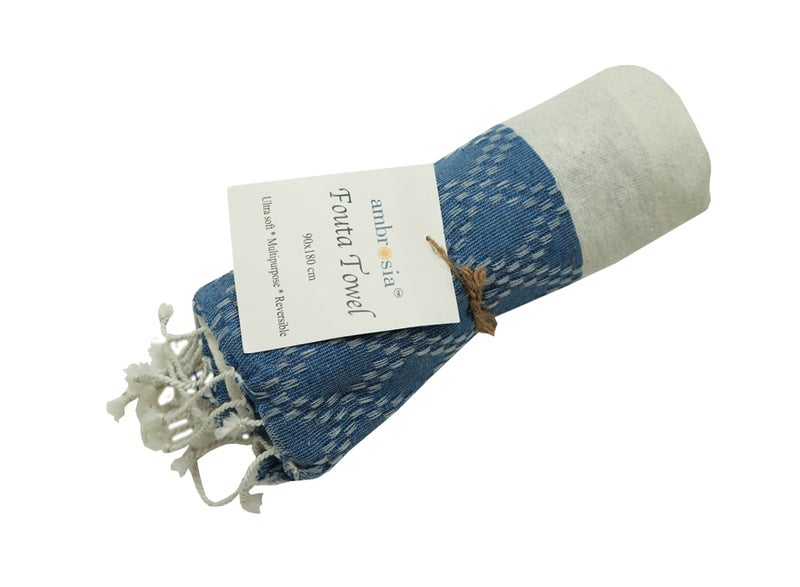 Ambrosia منشفة تركية/فوتا مغنوم 90x180 سم من بولي قطن باللون الأزرق للاستحمام والشاطئ خفيفة الوزن سريعة الجفاف متعددة الاستخدامات بطانية نزهة لف سفر قابلة للعكس نسج مسطح - Image 3